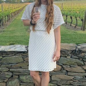Maggy London Knit White Summer dress with Cap Sleeves and Cinched Waist